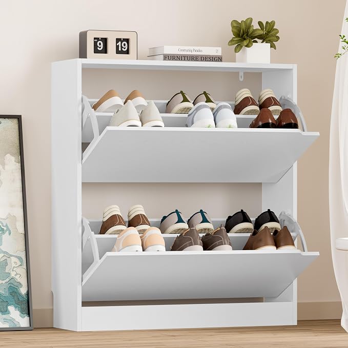 BORNOON Shoe Cabinet with 2 Flip Drawers, Slim Narrow Shoe Storage Cabinet, Freestanding Shoe Organizer with Adjustable & Removable Shelves, Top Display Shelf for Entryway, Hallway, Foyer, Closet by BORNOON