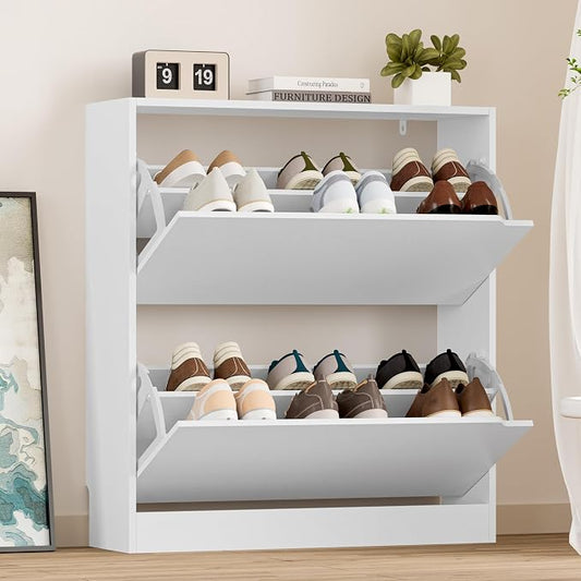 BORNOON Shoe Cabinet with 2 Flip Drawers, Slim Narrow Shoe Storage Cabinet, Freestanding Shoe Organizer with Adjustable & Removable Shelves, Top Display Shelf for Entryway, Hallway, Foyer, Closet by BORNOON