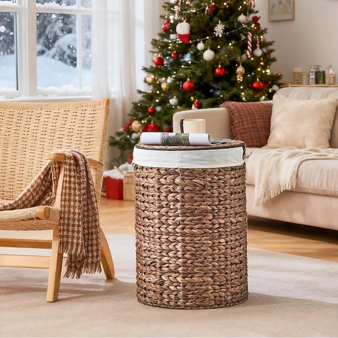Round Water Hyacinth Laundry Hamper with Lid Handwoven Wicker Basket with Handles for Dirty Clothes, Storage, and Organization Ideal for Bedroom, Bathroom, and Laundry Room, No Assembly Required, 90L - Image 2