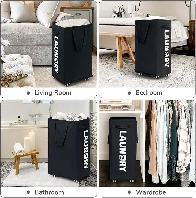 CHICVITA Laundry Hamper with Wheels & Removable Wash Bags -2 Pack, 75L Tall Laundry Basket for Dorms, Large Collapsible Hamper for Corner Spaces - Black - Image 5