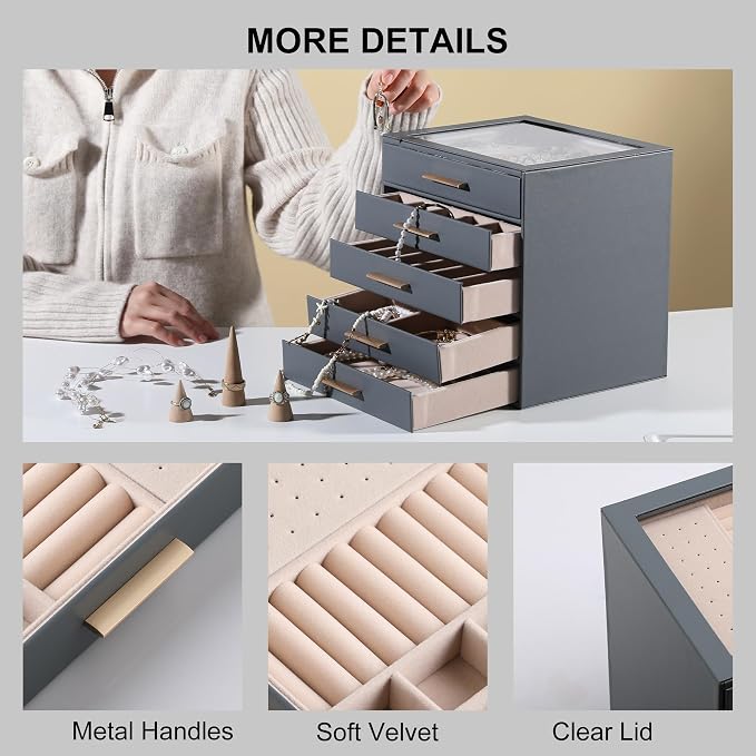 Frebeauty Clear Lid Jewelry Box,5-Layer Jewelry Organizer with Drawer,PU Leather Jewelry Organizers and Storage,Jewelry Boxes for Women,Jewelry Storage for Rings Earring Stud,Gift for Women(Grey) - Image 5