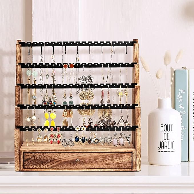 Pinzoveco Earring Organizer, 5 Layer Earring Holder Organizer with Necklace Holder Pole, Rustic Wood Jewelry Organizer Stand Display for Stud Earring Bracelet Necklace Ring, 175 Earring Holes - Image 7