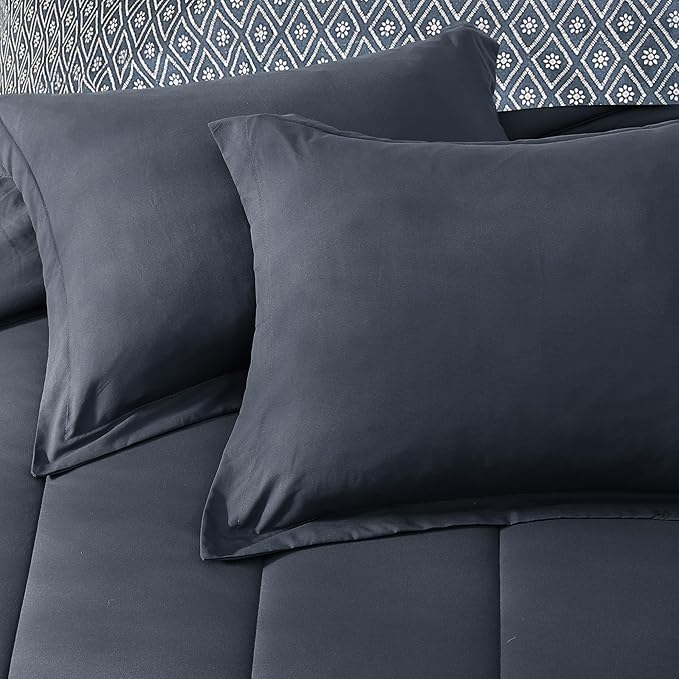 Monbix Queen Comforter Set - 7 Pieces Blue Grey Bed in a Bag Queen Track Stitching Bedding Sets, All Seasons Comforter Bed Set with Sheets, Pillowcases & Shams