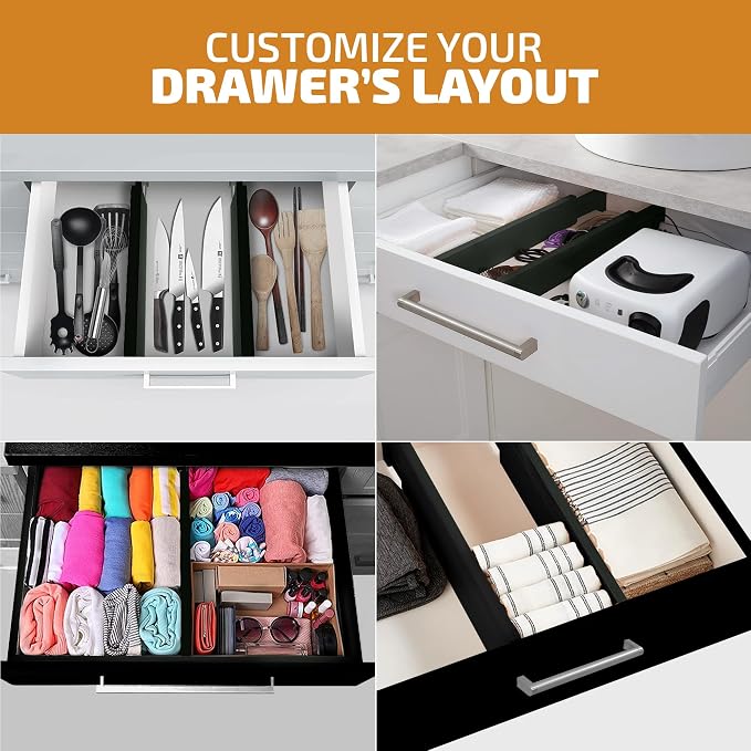 4-Pack Bamboo Drawer Dividers - 12.2 to 17.3 Inches Deep, 2.6 Inches High, Adjustable Expandable Drawer Organizer Dresser Separator for Clothes, Utensils, Kitchen, Bathroom, Office Storage, Black - Image 6