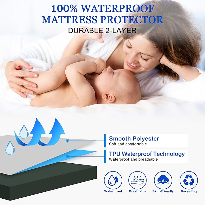 Sufdari Waterproof Mattress Protector, Mattress Cover Twin Size for Bed,18" Deep Pocket Fitted Sheet Style Mattress Protector with Elastic Rubber Green,Twin