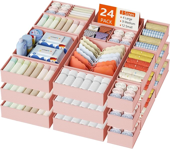 DIMJ Drawer Organizer Clothes, 24 Pack Dresser Organizer, Foldable Closet Organizers and Storage, Fabric Dresser Bins, Drawer Dividers for Nursery, Baby Clothes, Underwears, Sock (Pink) by DiMJ