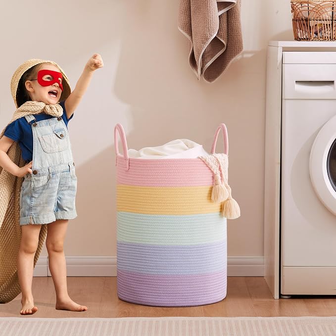 15Dx20H inches Large Baby Girls Kids Hamper Rainbow Laundry Basket for Nursery Clothes Pastel Unicorn Woven Hamper Tall Blanket Basket in Playroom Bedroom 62L - Image 4