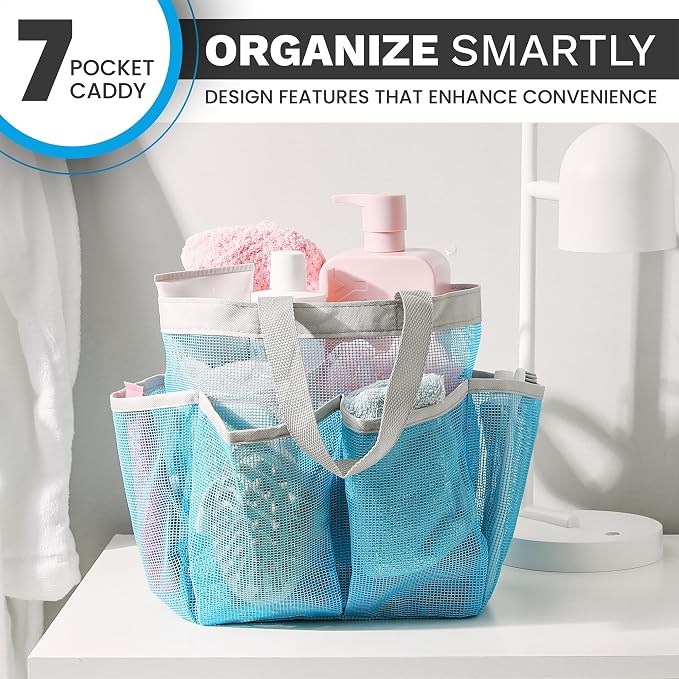 Handy Laundry Mesh Shower Caddy - 7 Pocket Portable Bathroom Organizer Tote for Travel, Gym & Dorm - Collapsible Small Shower Caddy Bag to Hold Toiletries & Essentials (Blue) - Image 5