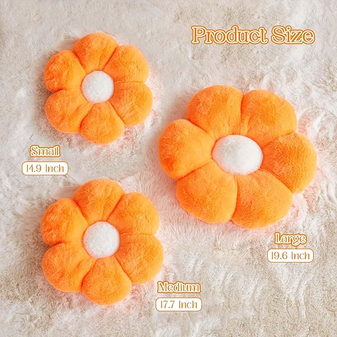 Kcvvcr Flower Pillow Cute Decorative Throw Pillow with Faux Rabbit Fur Soft Daisy Plush Floor Cushion Aesthetic Flower Shaped Pillow Home Decor for Bed Sofa Couch (Orange 17.7 Inch)