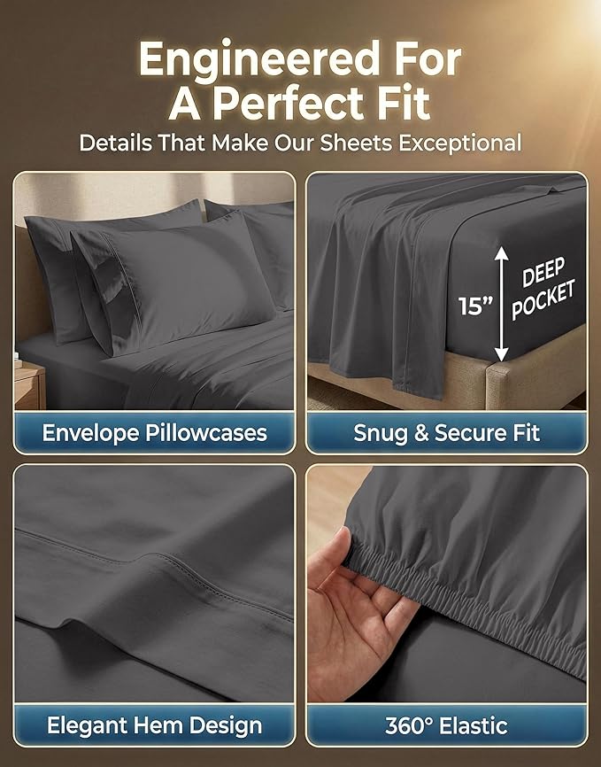 LANE LINEN 100% Cotton King Size Sheets Set 600 Thread Count, Ultra Soft Mercerized Cotton Luxury Sateen Weave King Bed Sheets with Fully Elasticized 15" Deep Pockets – Graphite Grey