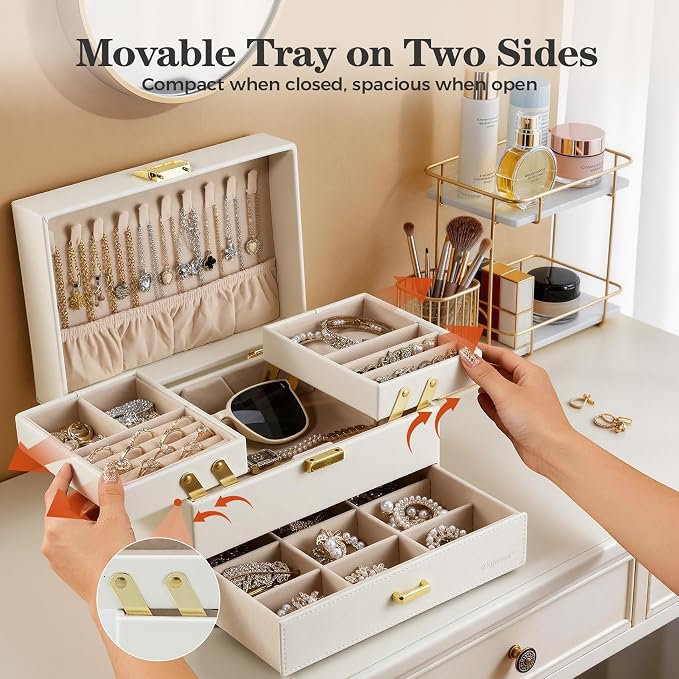 Dajasan Jewelry Organizer Box, Large Jewelry Boxes for Women Girls, Space-Saving 3 Layers Jewelry Storage Case with Drawer, Movable Metal Stand, Modern, Gift Idea (Cloud White + Gold) - Image 2
