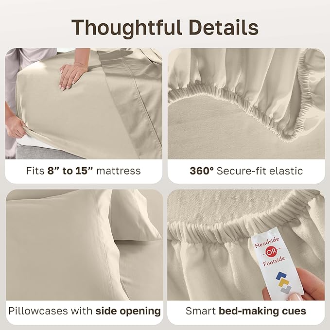 California Design Den Split King Sheets Sets for Adjustable Bed - 600 Thread Count Sateen, 100% Cotton Sheet & Pillowcase Sets, Deep Pockets, Soft and Durable Bedding - Beige