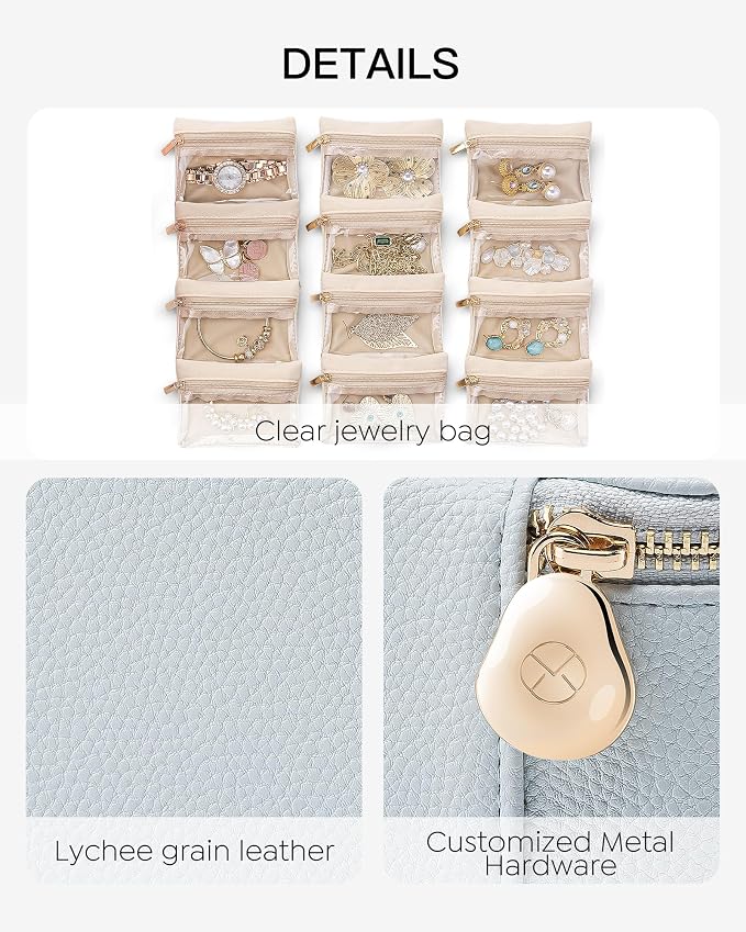 Vlando Jewelry Travel Case,Travel Jewelry Organizer with Clear Velvet Jewelry Bags 12Pcs Zipper Pouch for Women Girls-Baby Blue - Image 3