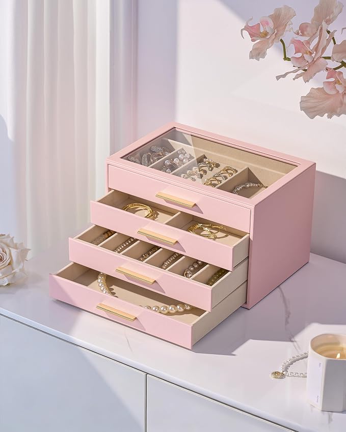 pickpiff Jewelry Box Organizer Case for Women: 4-Layer Jewelry Storage Case with Glass Window, Pink Leather with Velvet Holder for Ring Necklace Bracelet Brooch Watch, Great Gift for Her - Image 2