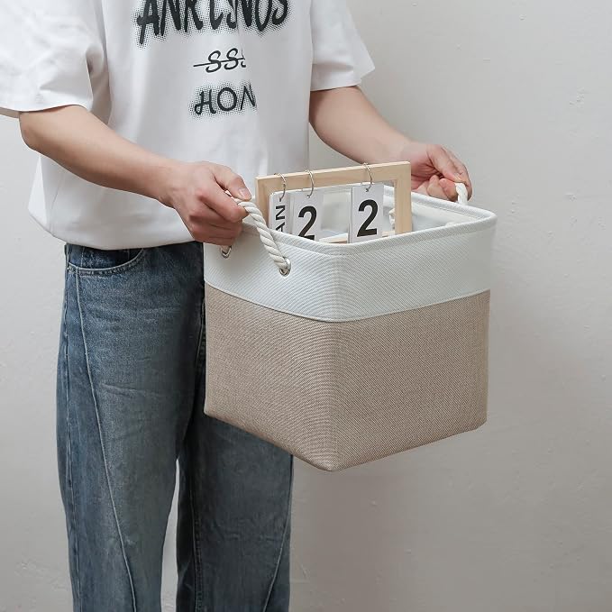 MidmmVick 11 x 11 Inch Cube Storage Bins, 6 Pack Large Collapsible Fabric Storage Bin with Ropes, Foldable Storage Cubes for Home, Office,Closet, Clothes, Toys Organizer (White & Beige-11"x11"x11") - Image 6