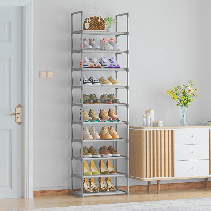 OYREL 10-Tier Metal Shoe Rack, Narrow Shoe Rack Organizer, Sturdy Shoe Shelf for Closets, Entryway, Bedroom, Garage - Silver - Image 5