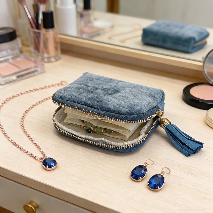Small Travel Jewelry Case - Jewelry Travel Organizer Bag with Tassel Zipper for Bracelets, Necklaces, Bangles, Jewelry Organizer Storage Bag Gift for Women Girls LJB001-Peacock Blue - Image 5