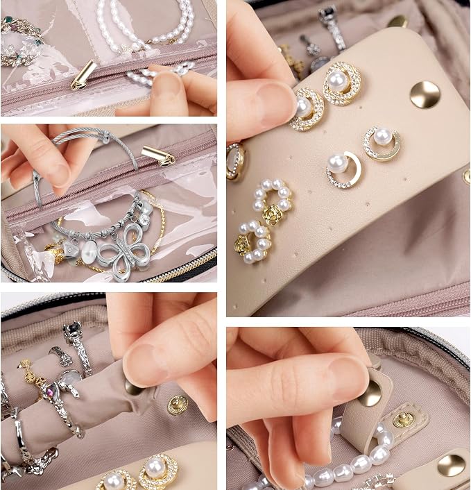 Jewelry Travel Case Organizer for Necklaces, Earrings, Rings, Bracelet, Watch, Soft Sided, Red Sandalwood - Image 5
