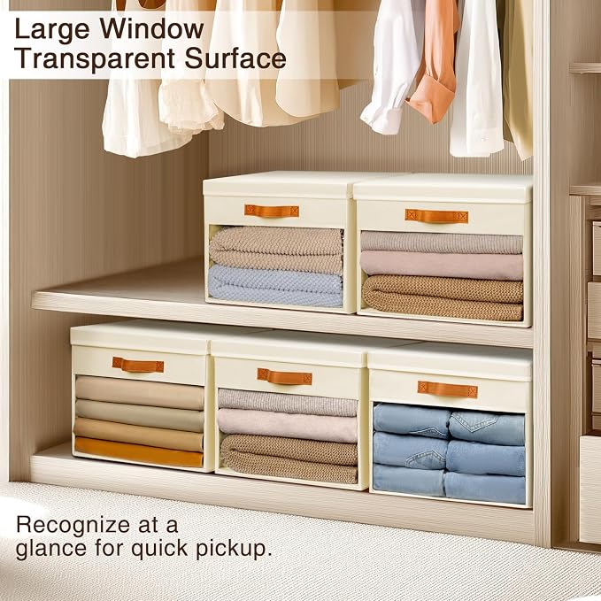 Homsorout Large Storage Bins with Lids - 4 Pack Foldable Decorative Organizers with Clear Windows & Handles, Cube Storage Organizers for Clothes, Blankets, Sweaters, Sheets, Beige - Image 5
