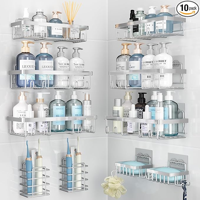 Liuoud 10 Pack Shower Caddy Organizer Rack Shelf for Inside Shower, Self Adhesive Wall Storage Basket Rustproof Stainless Steel Shampoo Holder Bathroom Accessory Decor Set, Silver by Liuoud