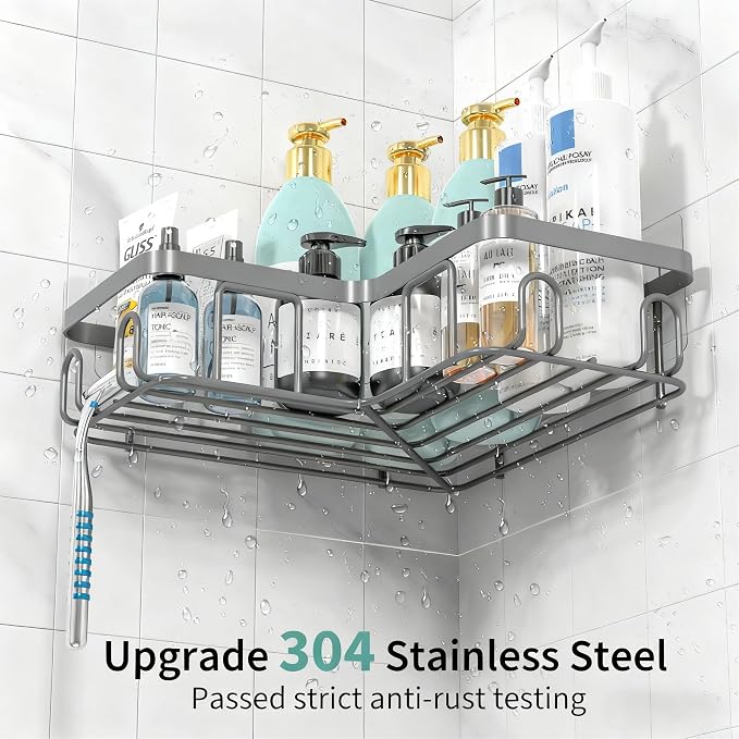 Moforoco Corner Shower Caddy Shelf Organizer Rack, Self Adhesive Grey Bathroom Shelves Basket, Home Wall Shower Inside Organization and Storage Decor RV Accessories, First Apartment Essentials - Image 5