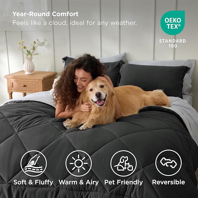 Bedsure Charcoal Grey King Comforter Set - 7 Pieces Reversible Bedding, King Size Bed Set for All Seasons, Bed in a Bag with Down Alternative Comforter, Sheets, Pillowcases & Shams