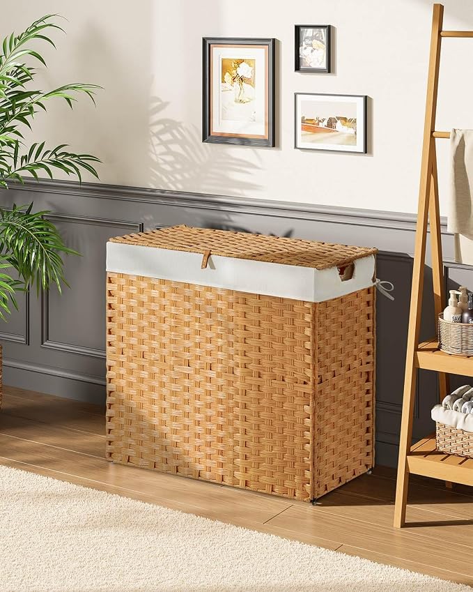Greenstell Laundry Hamper with lid, No Install Needed, 130L Wicker Laundry Baskets Foldable 2 Removable Liner Bags, 2 Section Clothes Hamper Handwoven Rattan Laundry Basket with Handles, Natural - Image 2