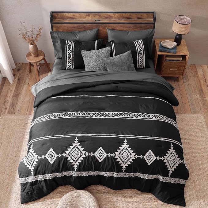 MaiRêve Embroidery Comforter Set, Boho Farmhouse Western Bedding Set, All Season Bed in A Bag Comforter Set with Sheets, Pillowcases & Shams, Black California King 7 Pieces