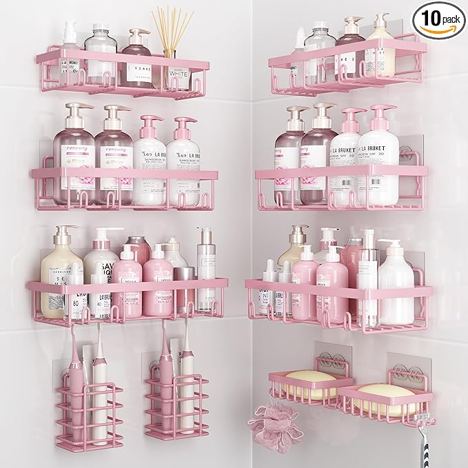 Liuoud 10 Pack Shower Caddy Organizer Rack Shelf for Inside Shower, Self Adhesive Wall Storage Basket Rustproof Stainless Steel Shampoo Holder Bathroom Accessory Decor Set, Pink by Liuoud
