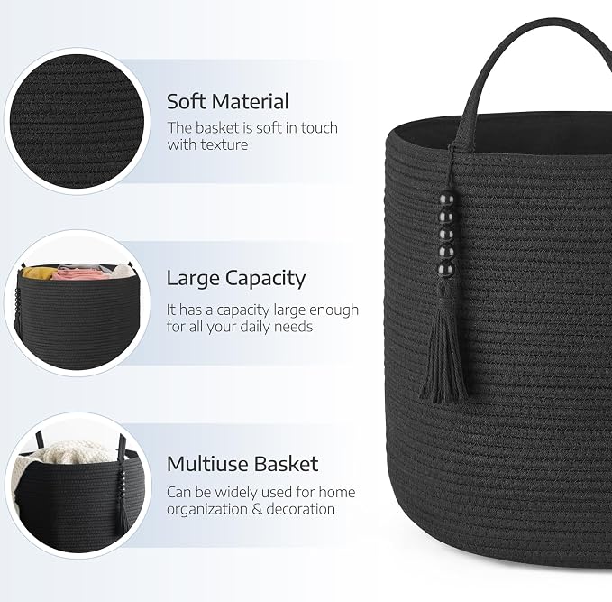 Mkono Woven Storage Basket Decorative Natural Rope Basket Wooden Bead Decoration for Blankets,Toys,Clothes,Shoes,Plant Organizer Bin with Handles Living Room Home Decor, 16" W×13.8" L, Black - Image 6