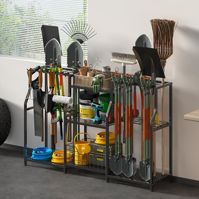 keomaisyto Garden Tool Organizer, Heavy Duty Yard Tool Tower Rack for Garage Organization and Storage, 3 Tier Utility Garden Tool Rack with hooks for Garden/Shed/Garage/Yard/Basement/Lawn - Image 6