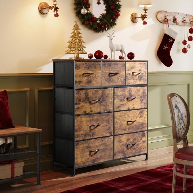 WLIVE 9-Drawer Dresser, Fabric Storage Tower for Bedroom, Hallway, Entryway, Closet, Tall Chest Organizer Unit with Fabric Bins, Steel Frame, Wood Top, Easy Pull Handle, Rustic Brown Wood Grain Print - Image 2