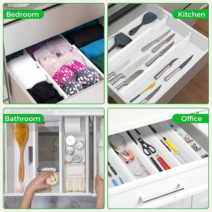 4 Pack Bamboo Drawer Dividers Organizer with Inserts 2.6'' High, Expandable from 12.5-21.7", Adjustable Drawer Organizer Separators for Utensils, Clothing, Office, Dresser, Bedroom, (White) - Image 5