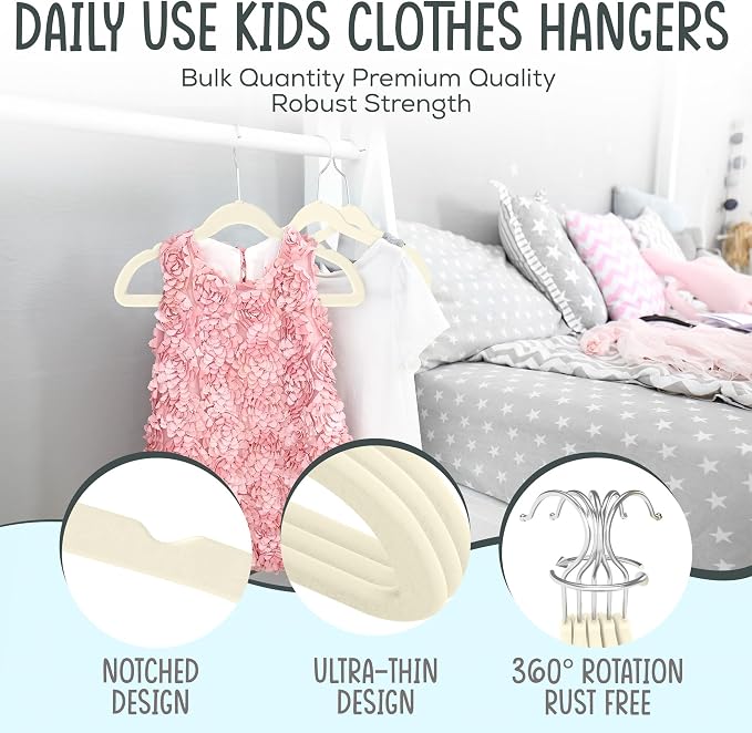 TechZoo 50 Premium Kids Velvet Hangers - 14" Non-Slip Clothes Hangers for Kids & Preteens - Ultra Slim, Space-Saving, Strong & Durable Hangers with 360° Swivel Hook - Ivory - Image 7