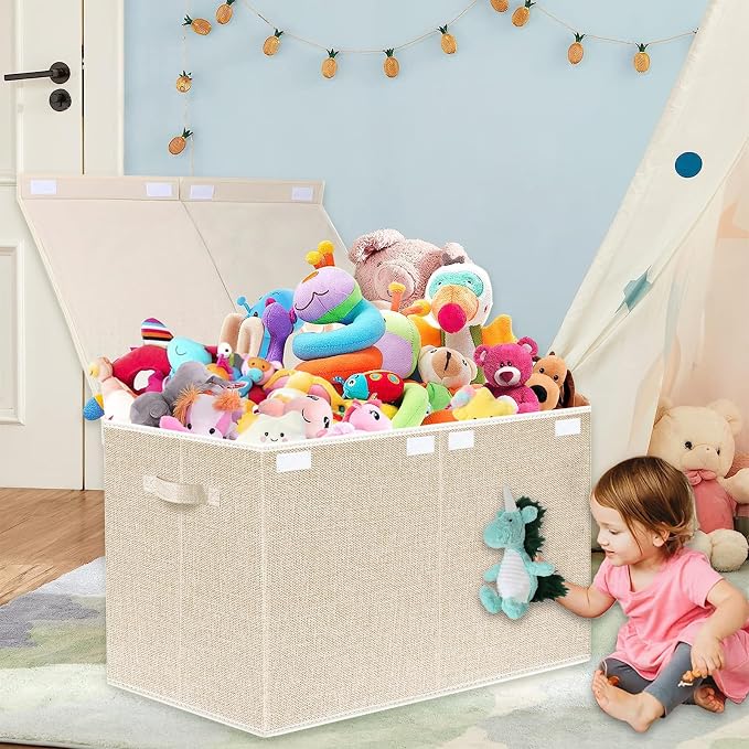 VERONLY Large Toy Box Chest Storage with Lid - Collapsible Kids Toys Boxes Organizer Bins Baskets with Handles for Boys, Girls, Nursery, Playroom, Clothes, Blanket, Bedroom(Beige) - Image 2