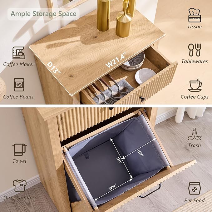 IFBUY Modern Tilt-Out Laundry Hamper Cabinet, 10 Gallon Fluted Trash Can Cabinet with Drawer, Wooden Hidden Garbage Can Cabinets with Laundry Basket, Free Standing for Bathroom & Kitchen, Natural Oak - Image 3