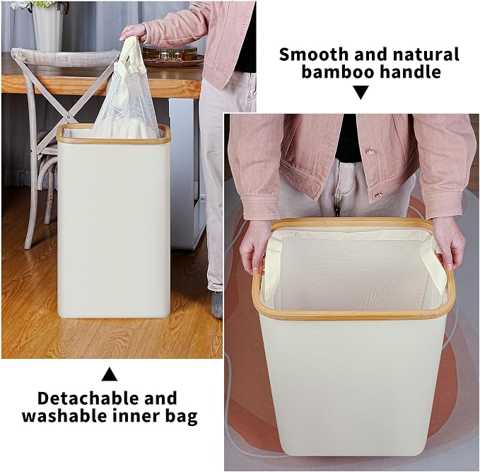 iEGrow Slim Laundry Hamper,75L Beige Narrow Laundry Basket with Lid,Foldable Clothes Hamper with Bamboo Handles,Hamper Basket with Removable Inner Bag for Laundry Room Bedroom College Dorm - Image 4