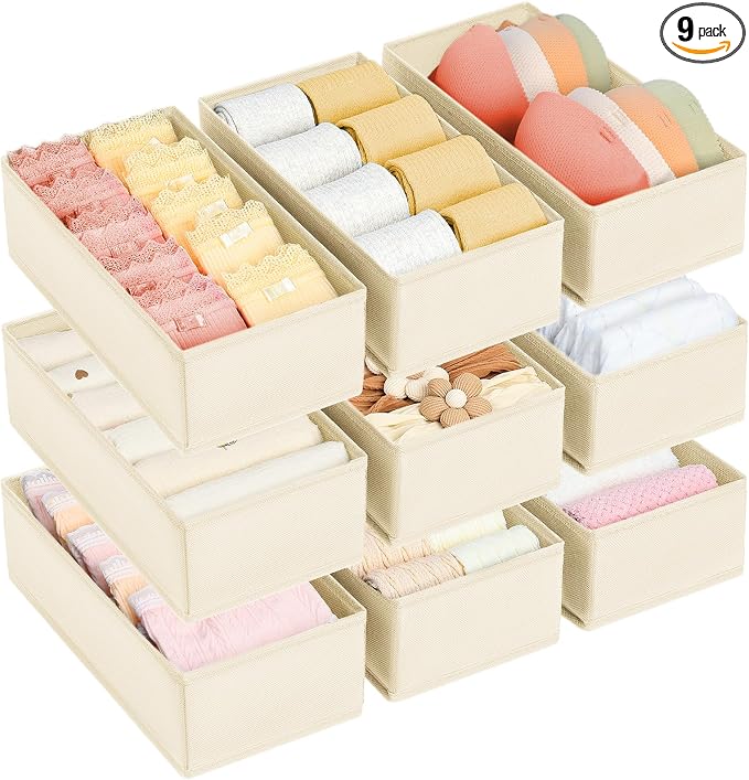 DIMJ Drawer Organizer Clothes - Underwear Organizer Small Sock Organizer Closet Organizers and Storage Box Dresser Drawer Dividers for Baby Clothes, Bra, Socks, Belt, Tie, Set of 9, Beige by DiMJ