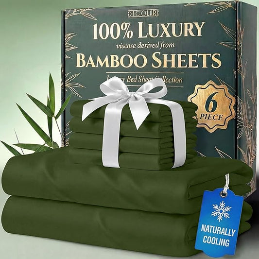 DECOLURE 100% Viscose Derived from Bamboo Sheets California King Size - Luxury 6 Pc Naturally Cooling Sheets, Ultra Soft Bed Set - Deep 17" Pockets, Double Stitching, Oeko Tex Standard (Olive)