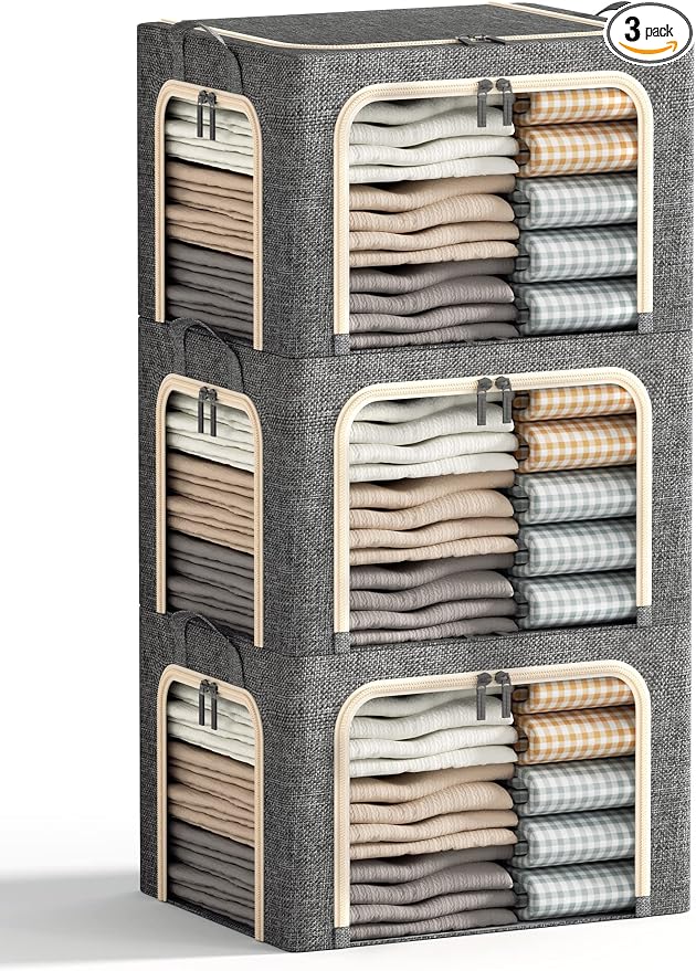 3 Openings Clothes Storage Bins with Metal Frame, Foldable Storage Bin for Clothes, Clothing Storage Bins with Lid, Linen Storage Box With Clear Window＆ Zippers＆ Durable Handles.(3 Pcs,Dark Grey,40L) by Furnhome