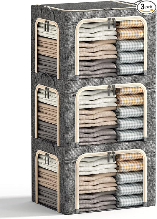 3 Openings Clothes Storage Bins with Metal Frame, Foldable Storage Bin for Clothes, Clothing Storage Bins with Lid, Linen Storage Box With Clear Window＆ Zippers＆ Durable Handles.(3 Pcs,Dark Grey,40L) by Furnhome