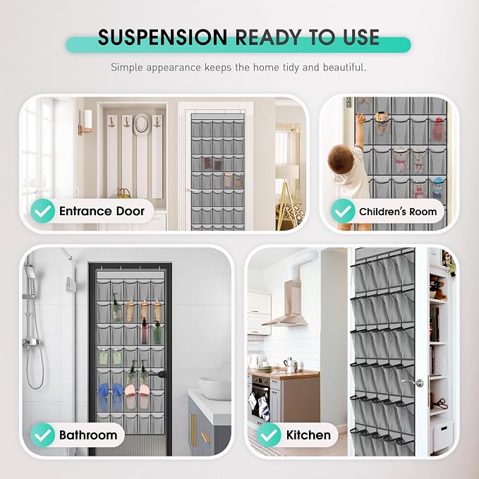 WVM Over the Door Shoe Organizer with 35 Breathable Mesh Pockets, Hanging Shoe Organizer for Door with 4 Metal Hooks, Large Capacity Closet Storage for Shoes, Accessories, Grey - Image 5