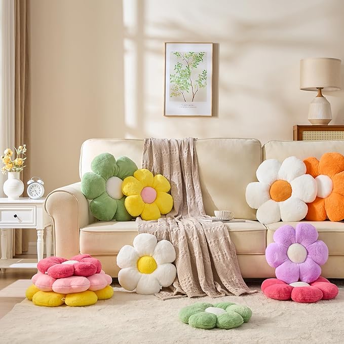 CANGHI Flower Pillows Flower Shaped Throw Pillow Cute Daisy Pillows Seating Cushions for Adults Kids Home Bedroom Sofa Chair Couch Decor (4pcs White/Pink/Yellow/Green, 15.74 inch)