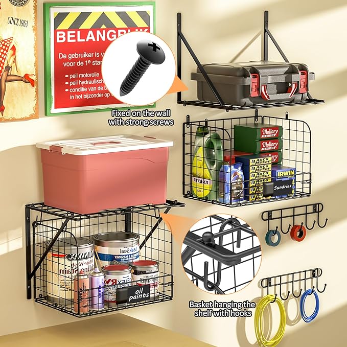 ThreeHio 2 Pack Garage Shelves Wall Mounted with Wire baskets, Heavy Duty Garage Wall Shelving with Hooks, Wire Shelf Baskets Tool Organizer for Home Garden Garage Organization and Storage - Image 4