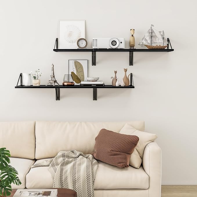 Heimlove Deep Floating Shelves for Wall, 12 Inch Deep Floating Shelves Set of 3, 16W x 12D Wood Wall Shelves, Wide Wood Shelves with Metal Bracket for Living Room, Kitchen, Office, Bedroom - Black - Image 6