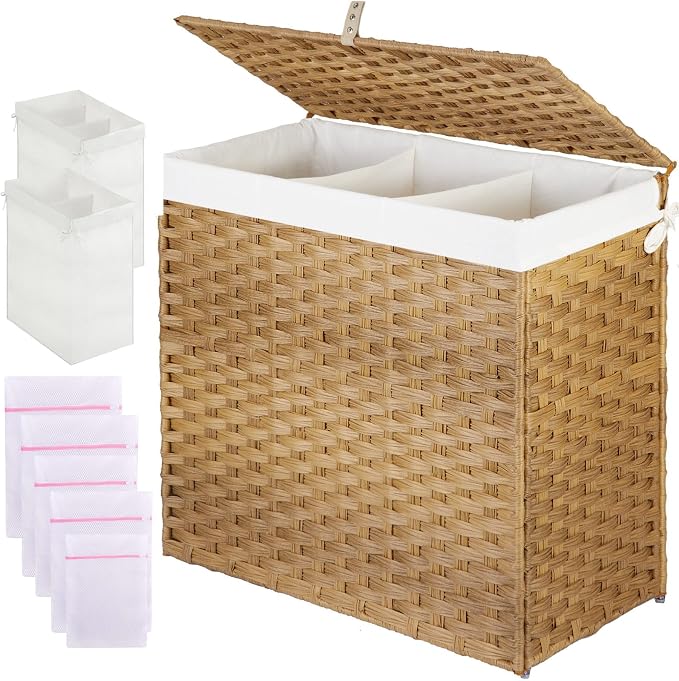 Greenstell Laundry Hamper with Lid, 125L Wicker Laundry Baskets with 2 Removable Liner Bags & 5 Mesh Laundry Bags, Handwoven Rattan Clothes Hamper with Handles for Clothes in Bathroom, Bedroom by Greenstell