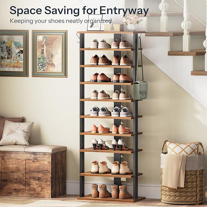 HOOBRO 10 Tiers Vertical Shoe Rack, Wooden Shoe Storage Organizer with Hooks, Narrow Shoe Tower for 20 Pairs, Space Saving, for Entryway, Living Room, Bedroom, Rustic Brown FG140XJ01 - Image 3