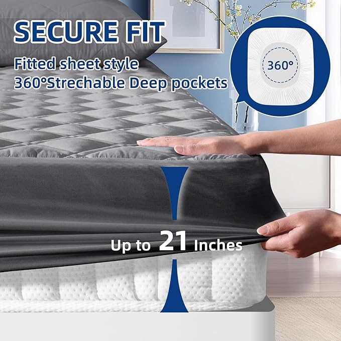 King Mattress Protector, Breathable Waterproof Mattress Pad Cover Fitted Deep Pocket 8"-21", Soft Noiseless Mattress Cover Washable Cooling Padded for Home Hotel Bedroom, Gray