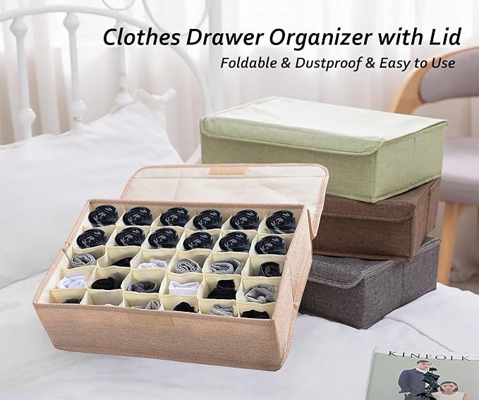 AARAINBOW 2 Packs Underwear Socks Ties Storage Organizer with Lids Foldable Closet Drawer Organizer 60 Cells, Fabric Drawer Wardrobe Divider Storage Boxes for Scarves and Lingerie (30 Cell, 2 Beige) - Image 2