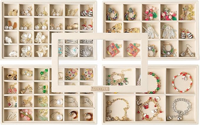 Frebeauty Earring Holder Stackable Jewelry Trays,Velvet Drawer Jewelry Organizer with Glass Lid, 5 in 1 Jewelry Box for Earrings Rings Studs,10.5 x 6.5 x 5.55 Inches Gift for Women (Beige) by Frebeauty